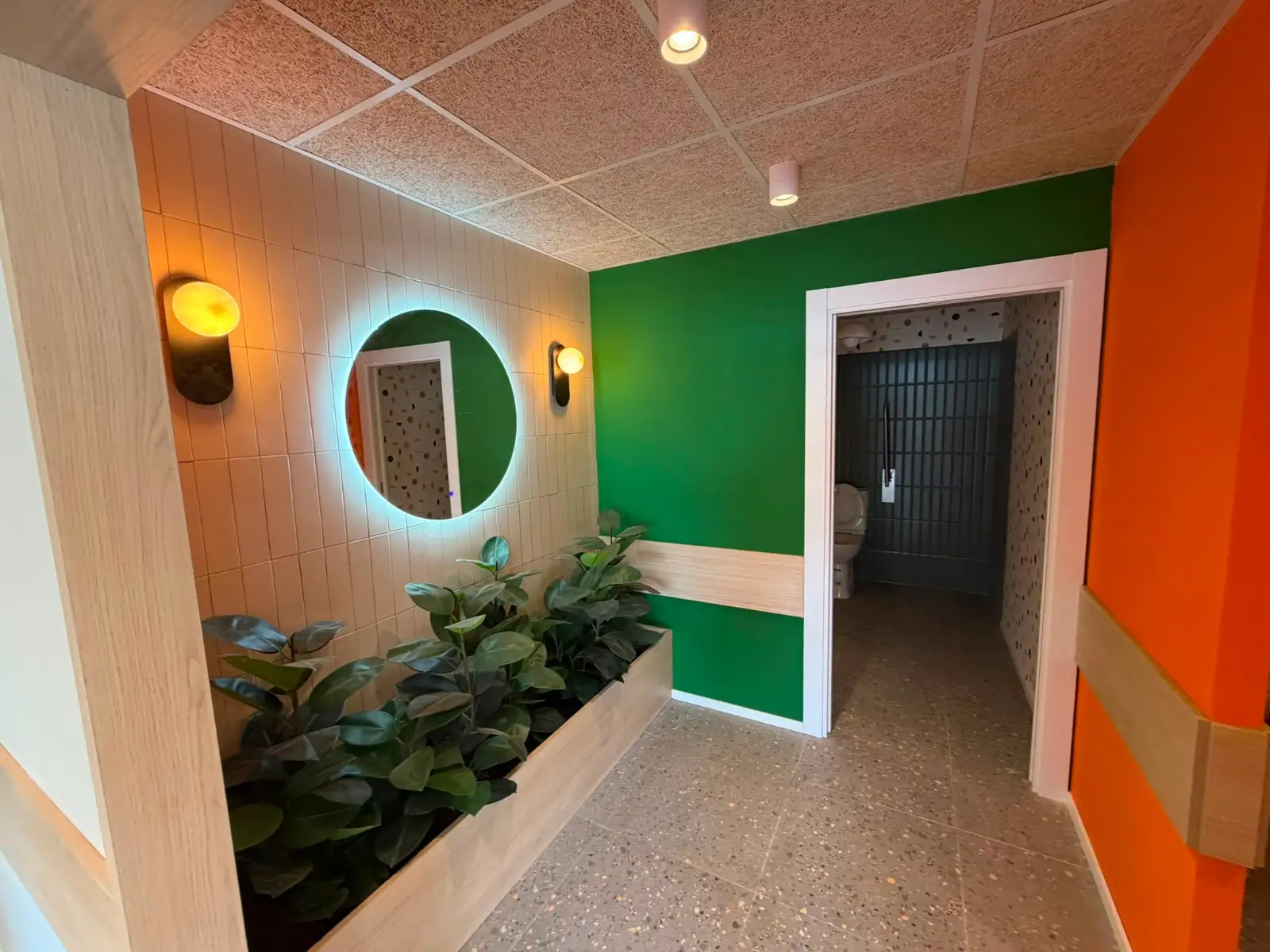 Reforma integral de local con paredes de colores vibrantes, jardinera integrada y espejo retroiluminado en Madrid
